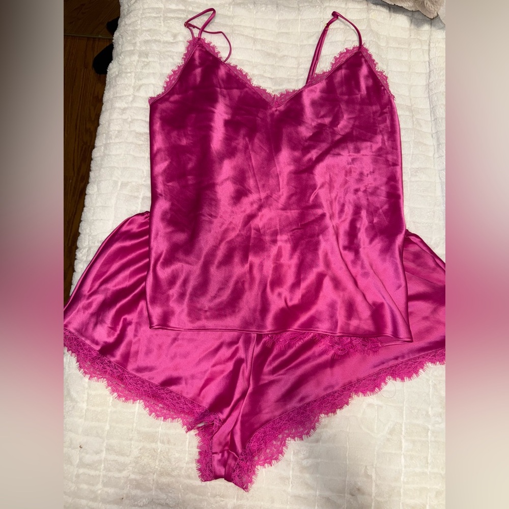 Victoria's Secret Fuchsia Satin Lace Pajama Set